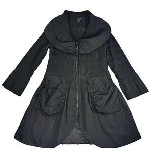 Jenny T Black Pleated Jacket Medium Rhinestone Zip A-Line Coat